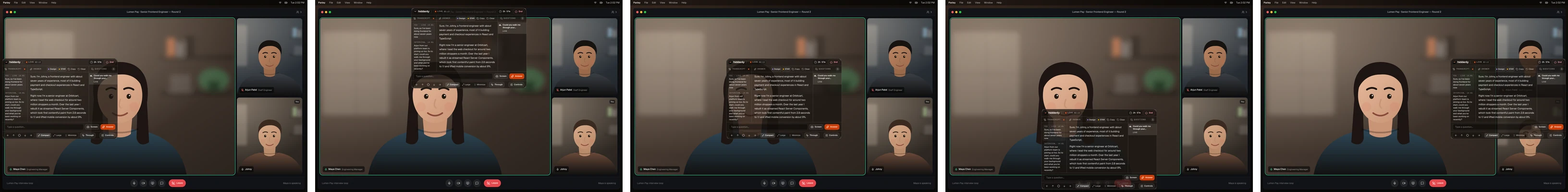 StayConfident docked left, top, center, bottom and right over a macOS video call